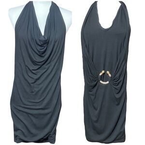 Sky Brand Black Halter Mini Dress Gold Rhinestone Embellish Low Back Small